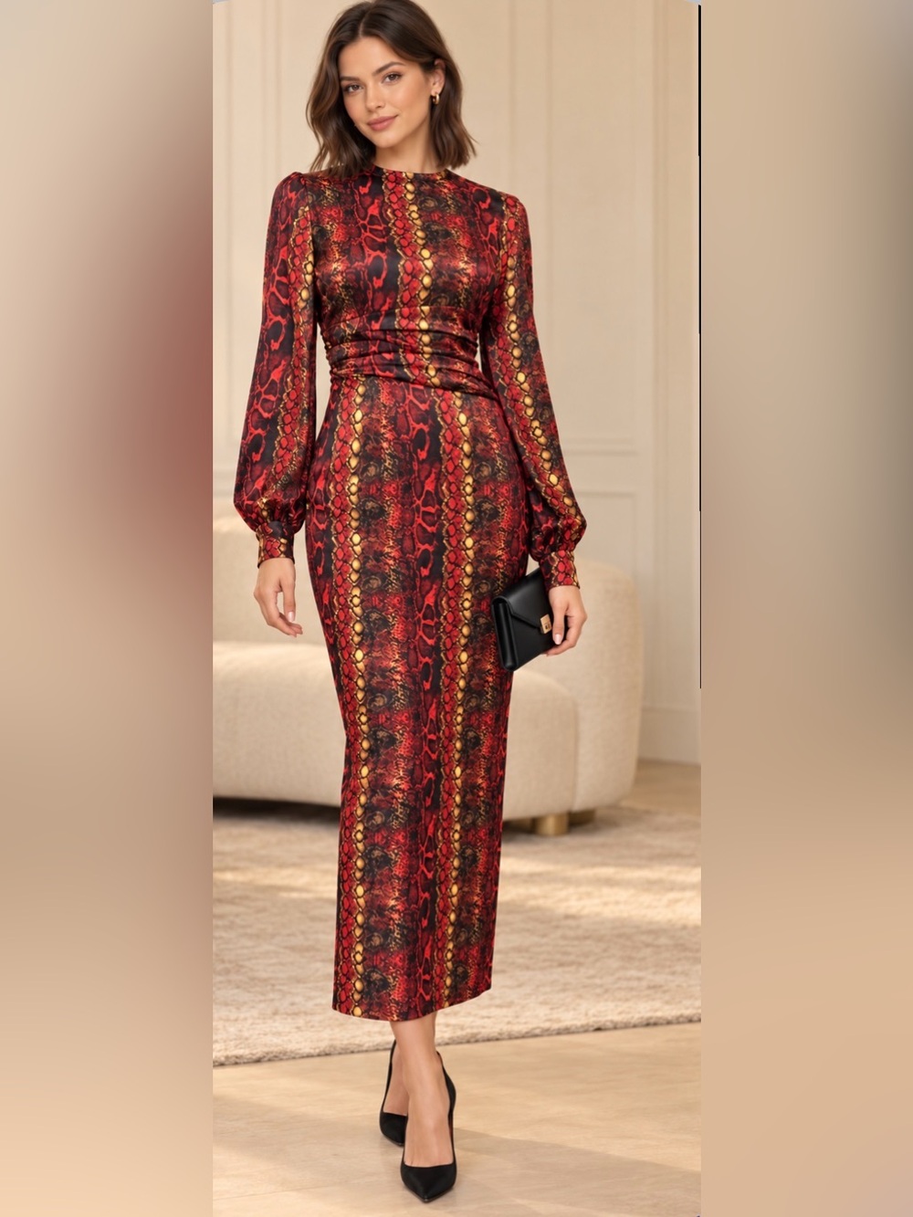 PrettyLittleThing Snakeskin Satin Ruched Long Sleeve Midi Dress XS NWT
